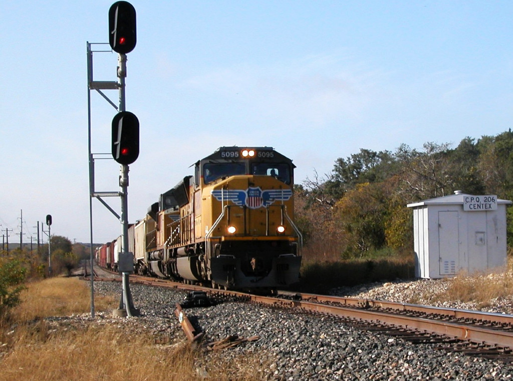UP 5095  26Nov2012  NB out of CENTEX with mixed-merchandise 